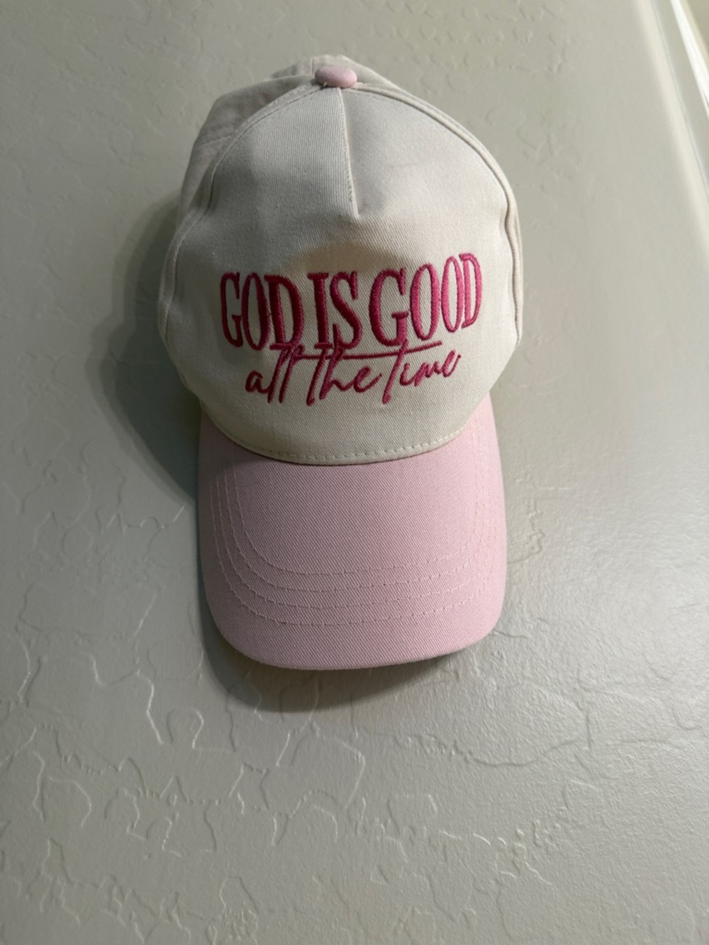 Embroidered "God Is Good All The Time" Baseball Cap - Cream & Pink